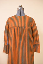 Load image into Gallery viewer, Late 1960s Orange Blue Green Stripe Silver Button Mini Dress By Marimekko, closer detail of front of dress.