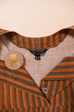 Load image into Gallery viewer, Late 1960s Orange Blue Green Stripe Silver Button Mini Dress By Marimekko, close up tag of dress.