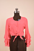 Load image into Gallery viewer, Hot Coral 80s Ruffle Sleeve Cropped Tie Top from front