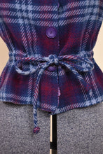 Load image into Gallery viewer, Purple 70s Wool Shell Plaid Button Up Top: Drawstring Waist Detail