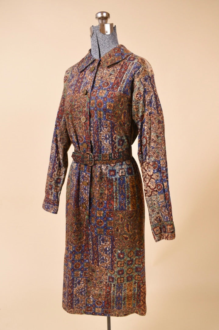 Brown Batik Patchwork Print Dress w/Coin Buttons By Peck & Peck