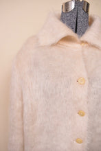 Load image into Gallery viewer, Cream Mohair Fuzzy Knit Cardigan By Jaeger. Close up.