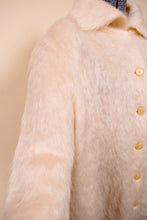 Load image into Gallery viewer, Cream Mohair Fuzzy Knit Cardigan By Jaeger. Close up of texture.