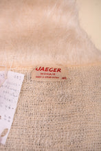 Load image into Gallery viewer, Cream Mohair Fuzzy Knit Cardigan By Jaeger. Close up of tag.