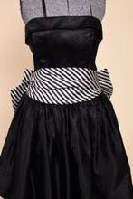 Load image into Gallery viewer, Black 80s Satin Strapless Gown: Black and White Striped Sash Detail
