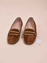 Load image into Gallery viewer, 1970s Suede Heeled Loafers By Gucci as shown from the front
