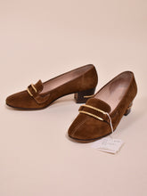 Load image into Gallery viewer, 1970s Suede Heeled Loafers By Gucci as shown from the side
