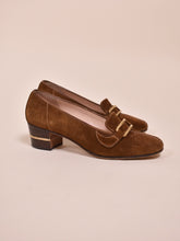 Load image into Gallery viewer, 1970s Suede Heeled Loafers By Gucci as shown from the side
