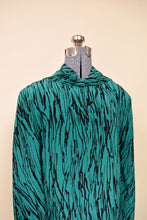 Load image into Gallery viewer, Designer Teal and Black Silk Midi Dress by Pauline Trigere, L: Bodice