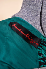 Load image into Gallery viewer, Designer Teal and Black Silk Midi Dress by Pauline Trigere, L: Brand Tag