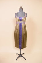 Load image into Gallery viewer, Olive & Lavender Iridescent Silk Renaissance Style Midi Dress By Nicole Miller Collection, XS/S: Shown form Front
