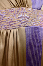Load image into Gallery viewer, Olive & Lavender Iridescent Silk Renaissance Style Midi Dress By Nicole Miller Collection, XS/S: Fabric Detail