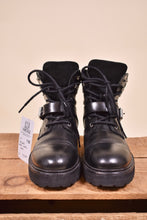 Load image into Gallery viewer, 2000s vintage combat boots are shown from the front. The shoes are ankle length.
