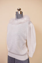 Load image into Gallery viewer, Swan Top — USA-made 3/4-sleeve white knit feather-collar top by Jane Adams Knitwear, M: Shown from Side
