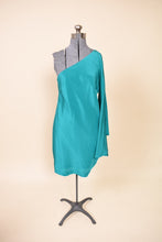 Load image into Gallery viewer, Orolestes Dress — Y2K one-shoulder teal silk dress by Nicole Miller, S/M: Shown from Front