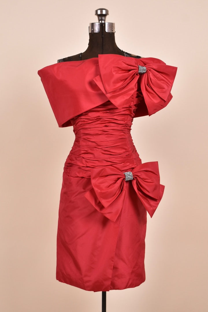 Red Ruched Cocktail Dress with Bows By Raul Blanco XXS THE VAULT COLLECTIVE