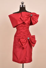 Load image into Gallery viewer, Red 80s ruched off shoulder cocktail dress with bows shown from the front