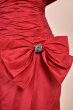 Load image into Gallery viewer, Red 80s ruched off shoulder cocktail dress closeup of the bow with rhinestone center
