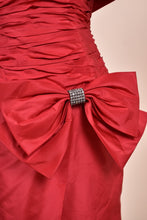 Load image into Gallery viewer, Red 80s ruched off shoulder cocktail dress closeup of the bow with rhinestone center