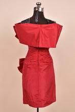 Load image into Gallery viewer, Red 80s ruched off shoulder cocktail dress with bows shown from the back