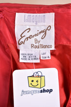 Load image into Gallery viewer, Red 80s ruched off shoulder cocktail dress with bows, picture of the brand label