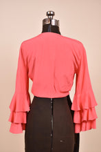Load image into Gallery viewer, Hot Coral 80s Ruffle Sleeve Cropped Tie Top from back