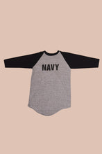 Load image into Gallery viewer, Grey "Navy" Baseball Sleeve Tee Shirt By Sportswear, XL: Shown from Front