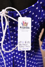 Load image into Gallery viewer, Blue and White Polka Dot 80s Flamenco Dress is shown from tag