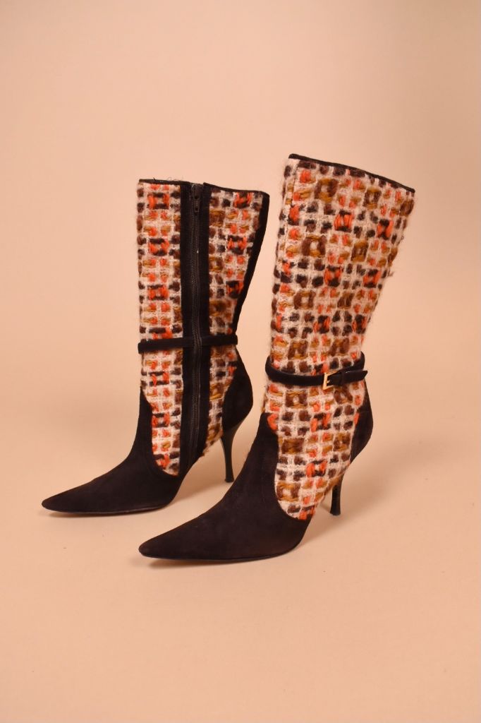 Brown and Orange Tweed & Suede Y2K Heeled Boots By Steve Madden, W6.5