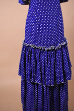 Load image into Gallery viewer, Blue and White Polka Dot 80s Flamenco Dress is shown from skirt