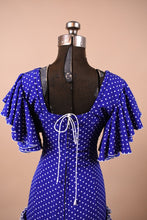 Load image into Gallery viewer, Blue and White Polka Dot 80s Flamenco Dress is shown from back close up