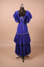 Load image into Gallery viewer, Blue and White Polka Dot 80s Flamenco Dress is shown from back