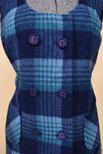 Load image into Gallery viewer, Vintage 70&#39;s blue plaid handmade skirt set is shown in close up. This set has a double breasted vest with pockets. 
