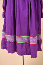 Load image into Gallery viewer, Vintage seventies colorful purple cotton tunic dress by Karavan is shown in close up. 
