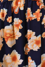 Load image into Gallery viewer, Betsey Johnson sheer navy and orange photorealistic floral mini dress is shown in close up.