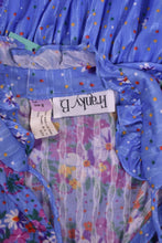 Load image into Gallery viewer, Vintage 70&#39;s blue and pink floral print polyester dress is shown in close up. This dress is by the brand Franky B. 
