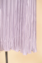 Load image into Gallery viewer, Lavender purple pleated designer midi dress is shown in close up.