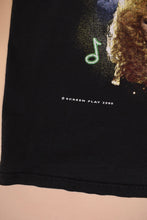Load image into Gallery viewer, Vintage black cotton Y2K country music tour tee is shown in close up. This tee shirt has a graphic with a copyright that reads Screen Play 2000.