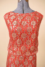 Load image into Gallery viewer, Vintage 60&#39;s red and gold metallic lace party dress is shown in close up. This dress is sleeveless. 
