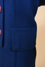 Load image into Gallery viewer, Vintage fifties blue wool blazer set is shown in close up. This indigo blue fifties blazer has square pockets at the hips. 

