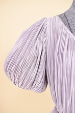 Load image into Gallery viewer, Vintage 80's pastel purple Pierre Labiche midi dress is shown in close up. This dress has puff sleeves.