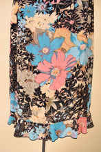 Load image into Gallery viewer, Vintage floral print rayon ruffled midi length dress is shown in close up.