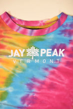 Load image into Gallery viewer, Vintage rainbow tie dye Jay Peak Vermont tee shirt is shown in close up.
