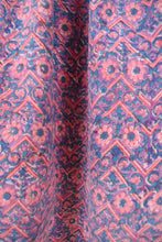 Load image into Gallery viewer, Vintage cotton pink and blue geometric floral block print skirt is shown in close up. This skirt is a maxi length.
