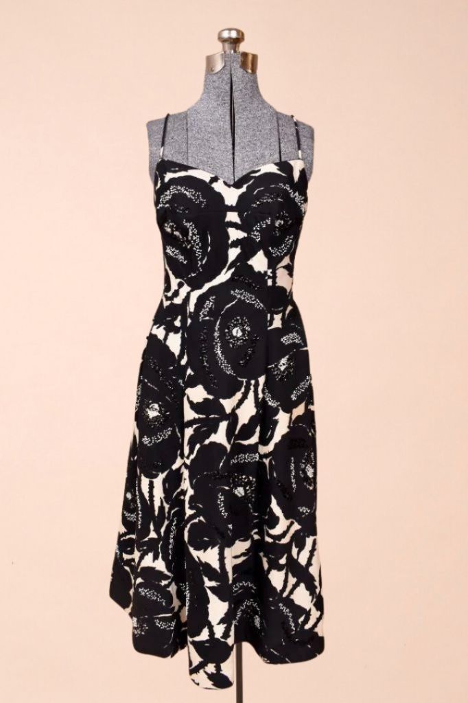 Black and White 60s Floral Dress and Sash with Beadwork, XS