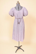 Load image into Gallery viewer, Vintage lilac Pierre Labiche eighties micropleat midi dress is shown from the front. This dress is shown styled with a rope belt to cinch the waist.