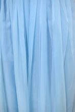 Load image into Gallery viewer, Vintage light pastel blue handmade princess style maxi dress is shown in close up. This dress has a sheer pleated nylon skirt. 
