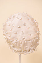 Load image into Gallery viewer, Vintage couture fifties beaded satin turban is shown from the back. This silky satin cap is by Christian Dior.