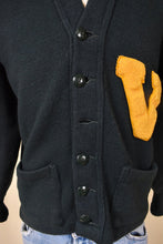 Load image into Gallery viewer, Antique knit 40&#39;s University of Vermont letterman sweater by Lanza is shown in close up. This sweater has two front pockets. 
