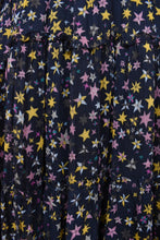 Load image into Gallery viewer, Zadig and Voltaire navy star print dress is shown in close up. This dress has a cute star print with yellow and pink stars.
